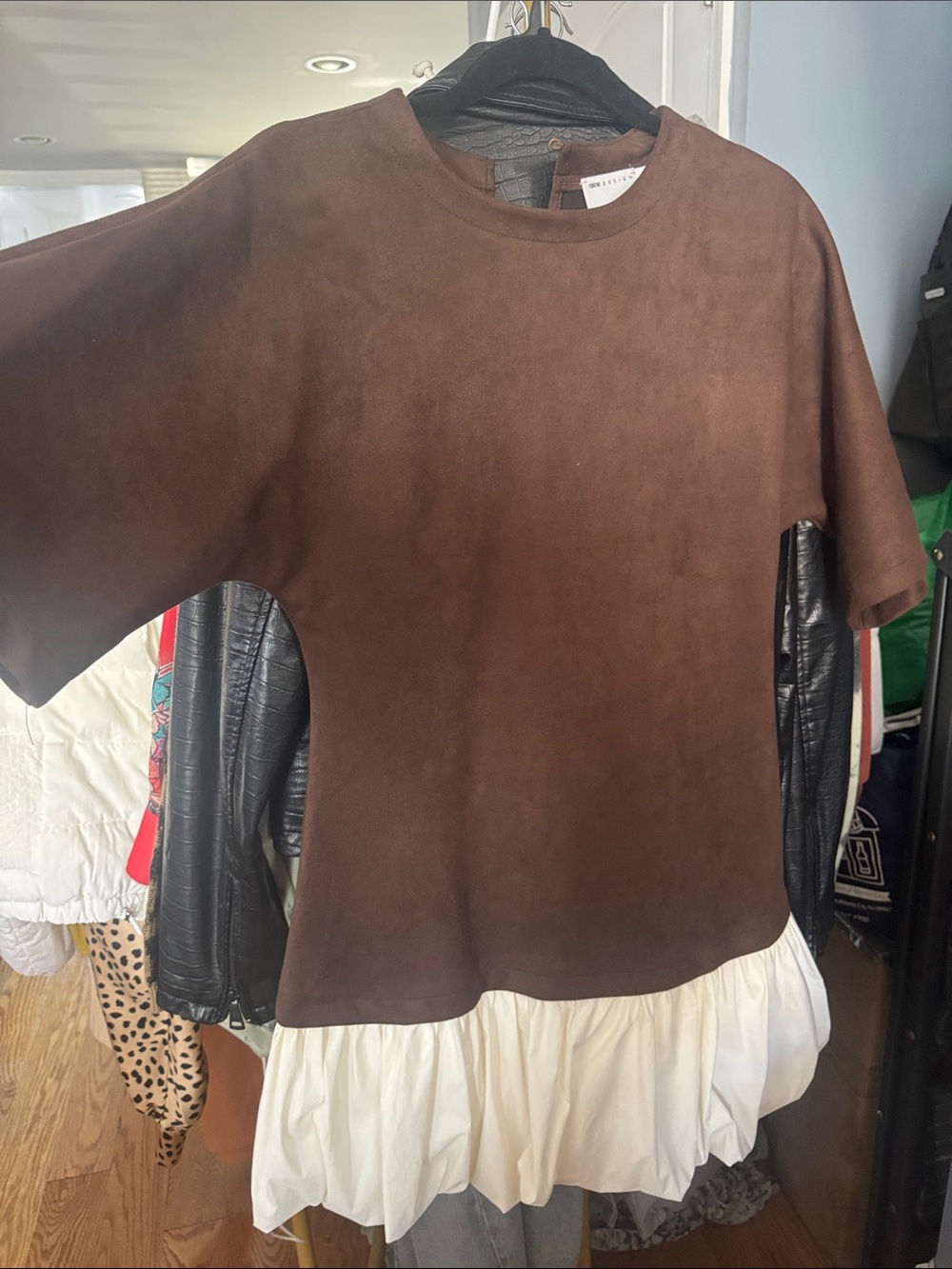ASOS Brown Mini Dress with Cream Ruffle Hem - Picture 1 of 3